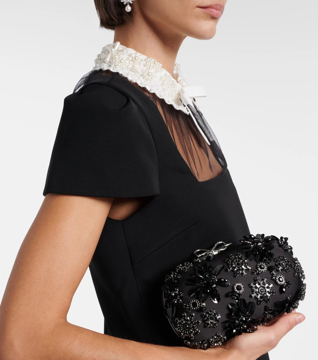 Self-Portrait - Crystal-embellished floral satin clutch