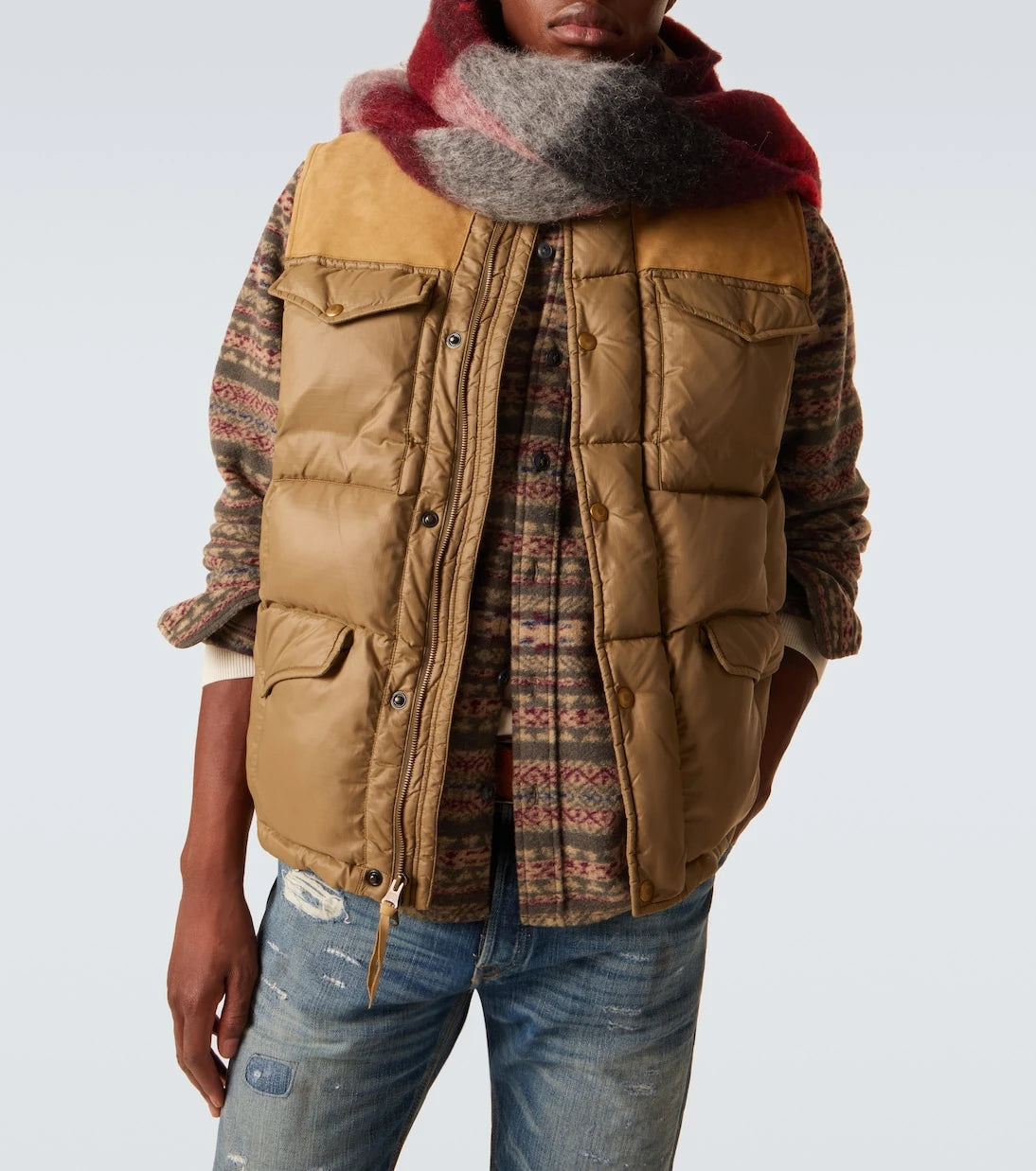 RRL - Leather-trimmed ripstop puffer vest