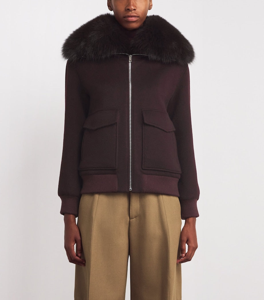 Yves Salomon Red Wool-Cashmere Fur-Trim Jacket