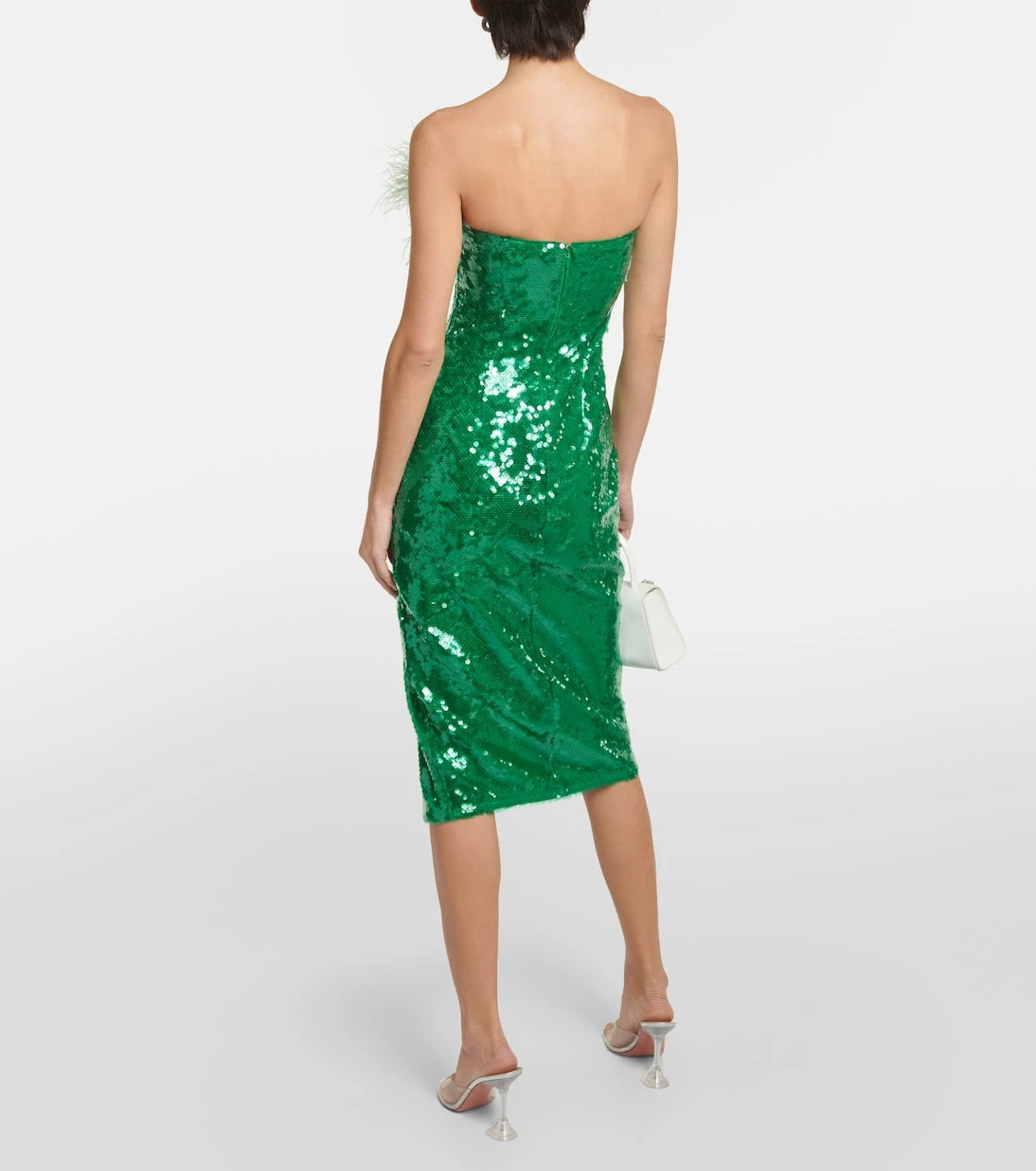 Self-Portrait - Feather-trimmed sequined midi dress