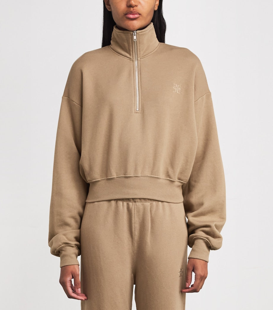 ÉTERNE Beige Cotton-Blend Half-Zip Cropped Sweatshirt