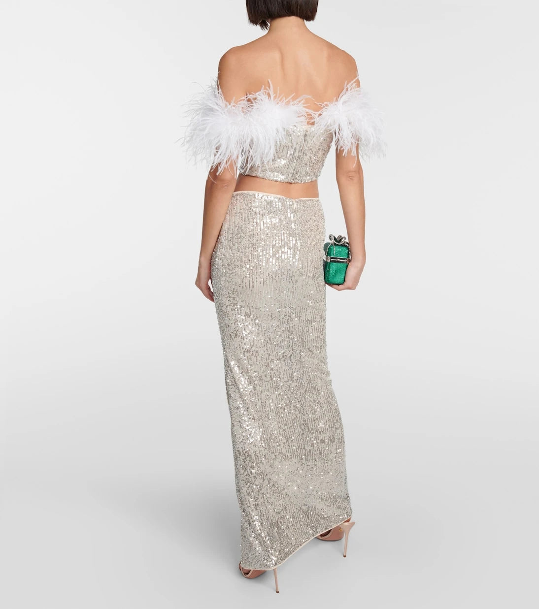 Self-Portrait - Sequined feather-trimmed crop top