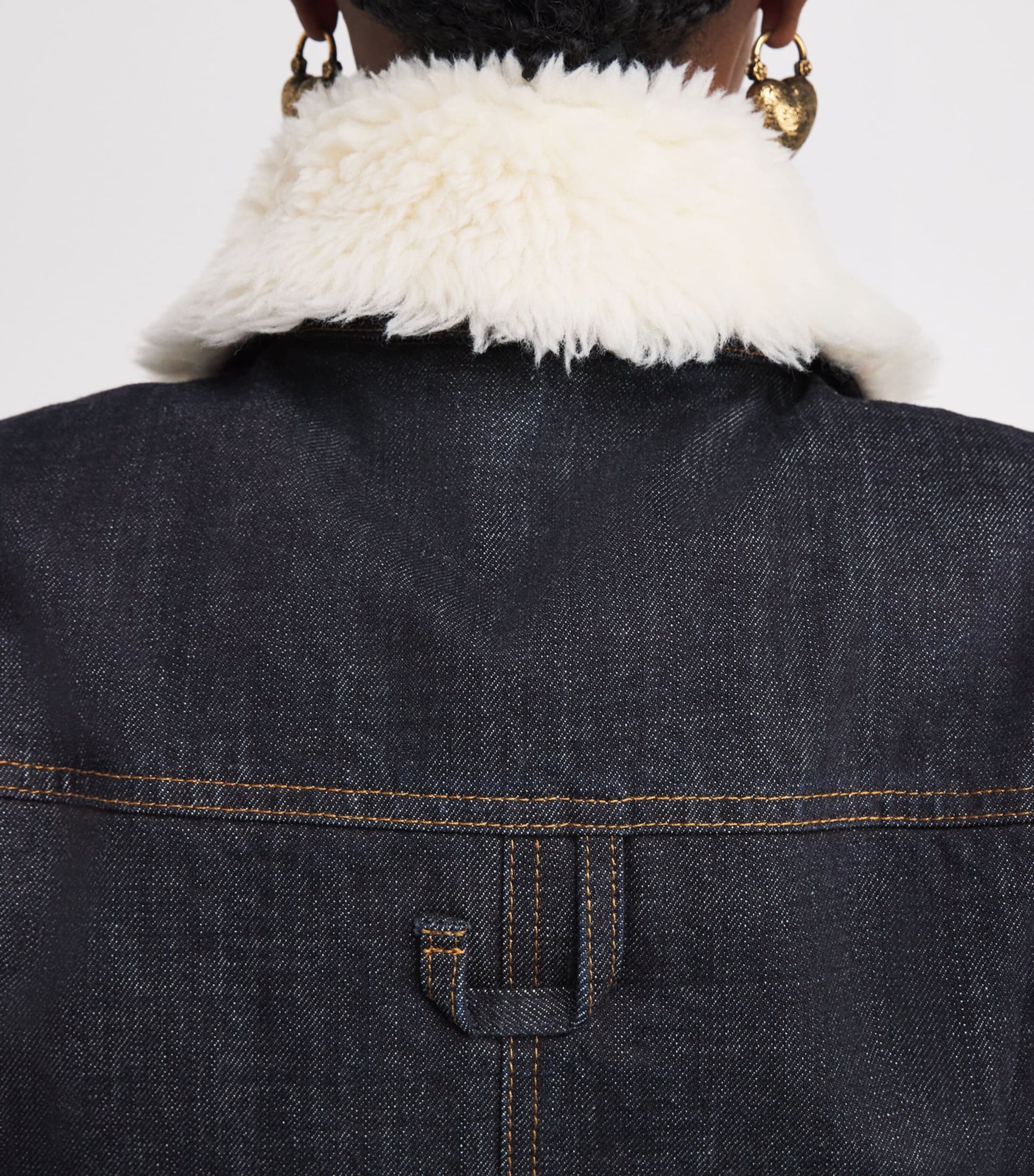 Navy Shearling-Trim Denim Bomber Jacket