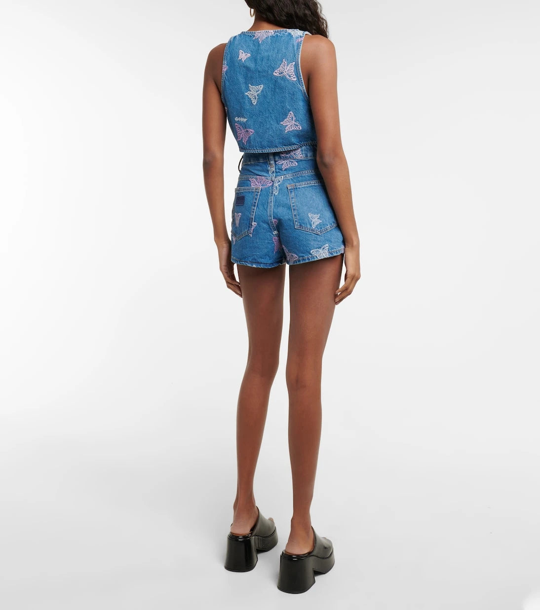 Ganni - Embroidered denim crop top