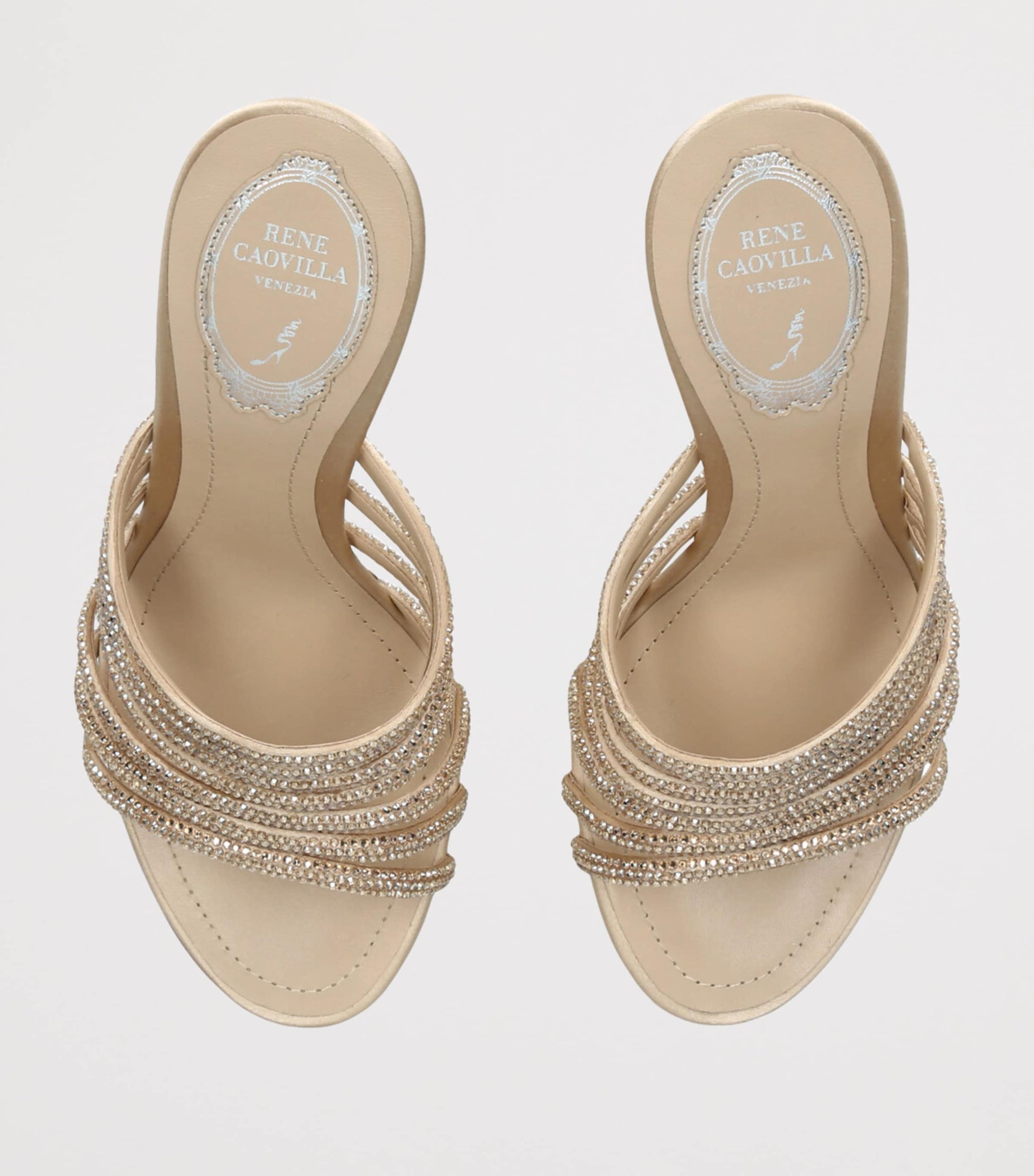 René Caovilla Gold Satin Strappy Heeled Mules 105