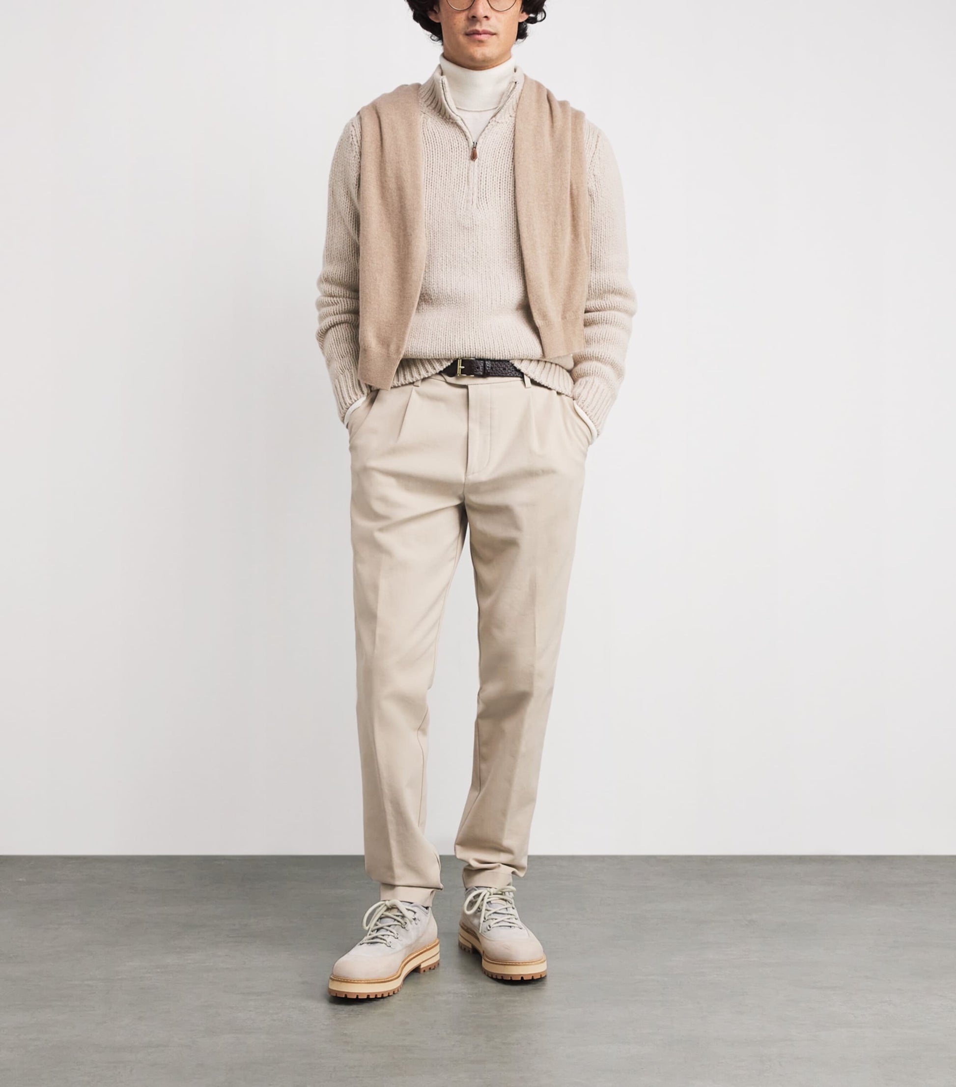 Beige Wool Quarter-Zip Sweater