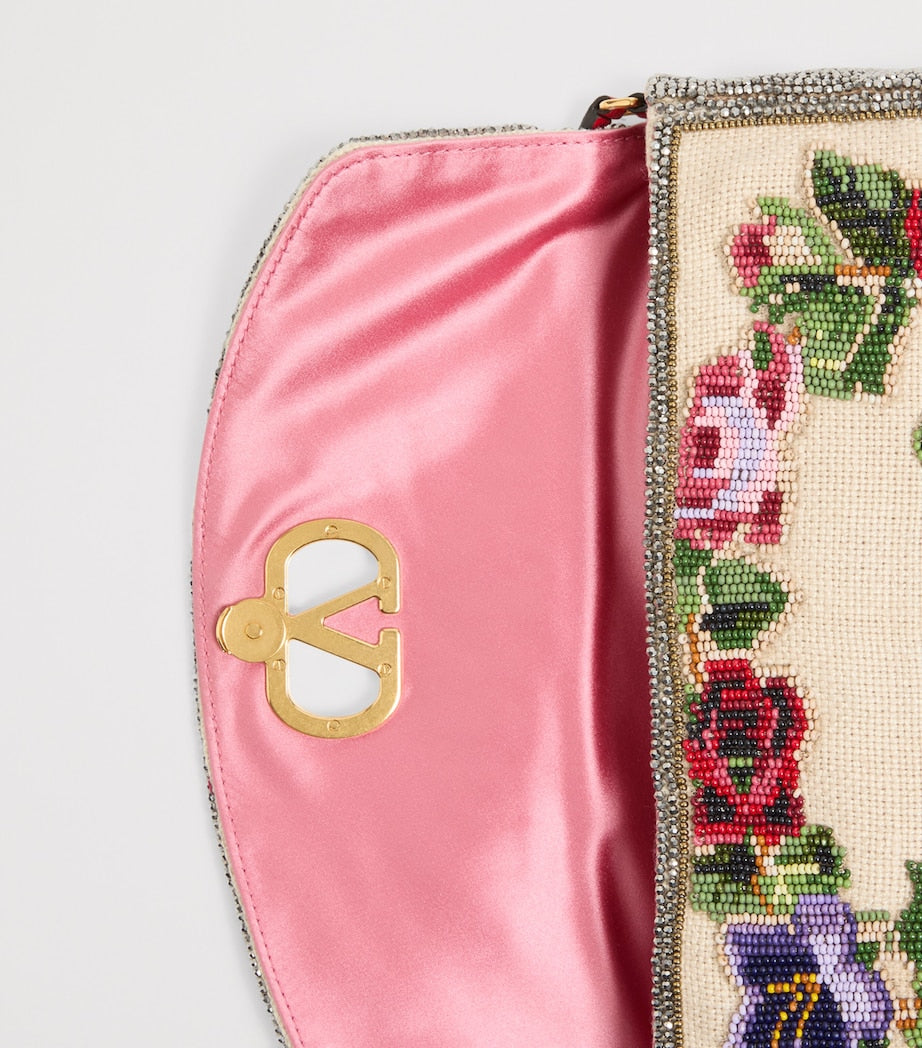 Valentino Garavani Multi Linen Beaded Vain Soft Clutch Bag