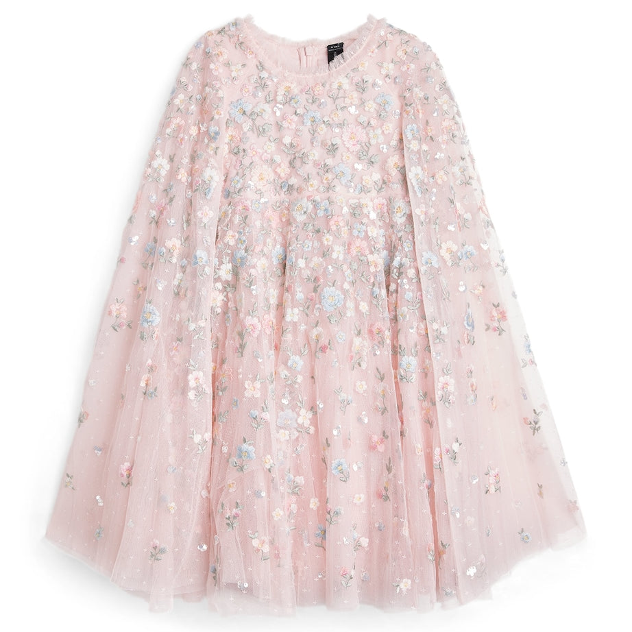 Needle & Thread Pink Embroidered Floral Dahlia Cape Dress (3-12 Years)