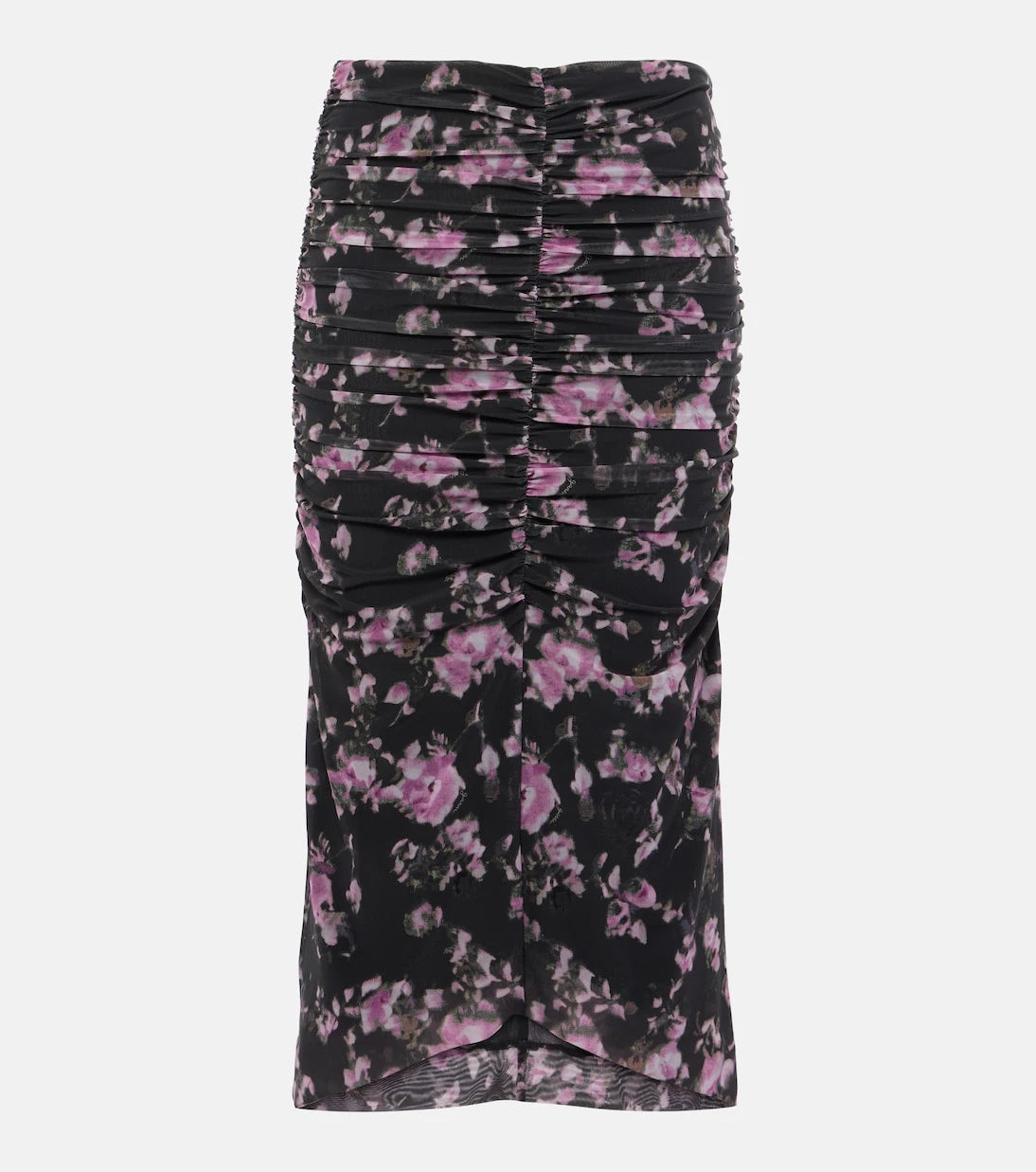 Ganni - Floral ruched mesh midi skirt