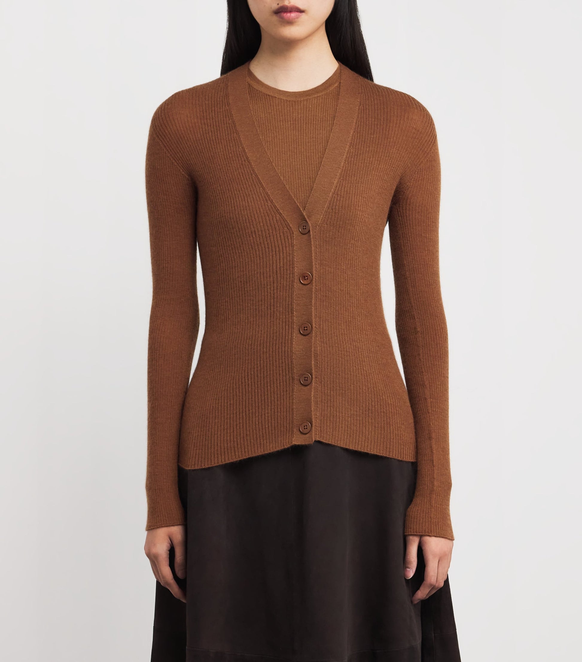 Johnstons Of Elgin Brown Superfine Cashmere V-Neck Cardigan