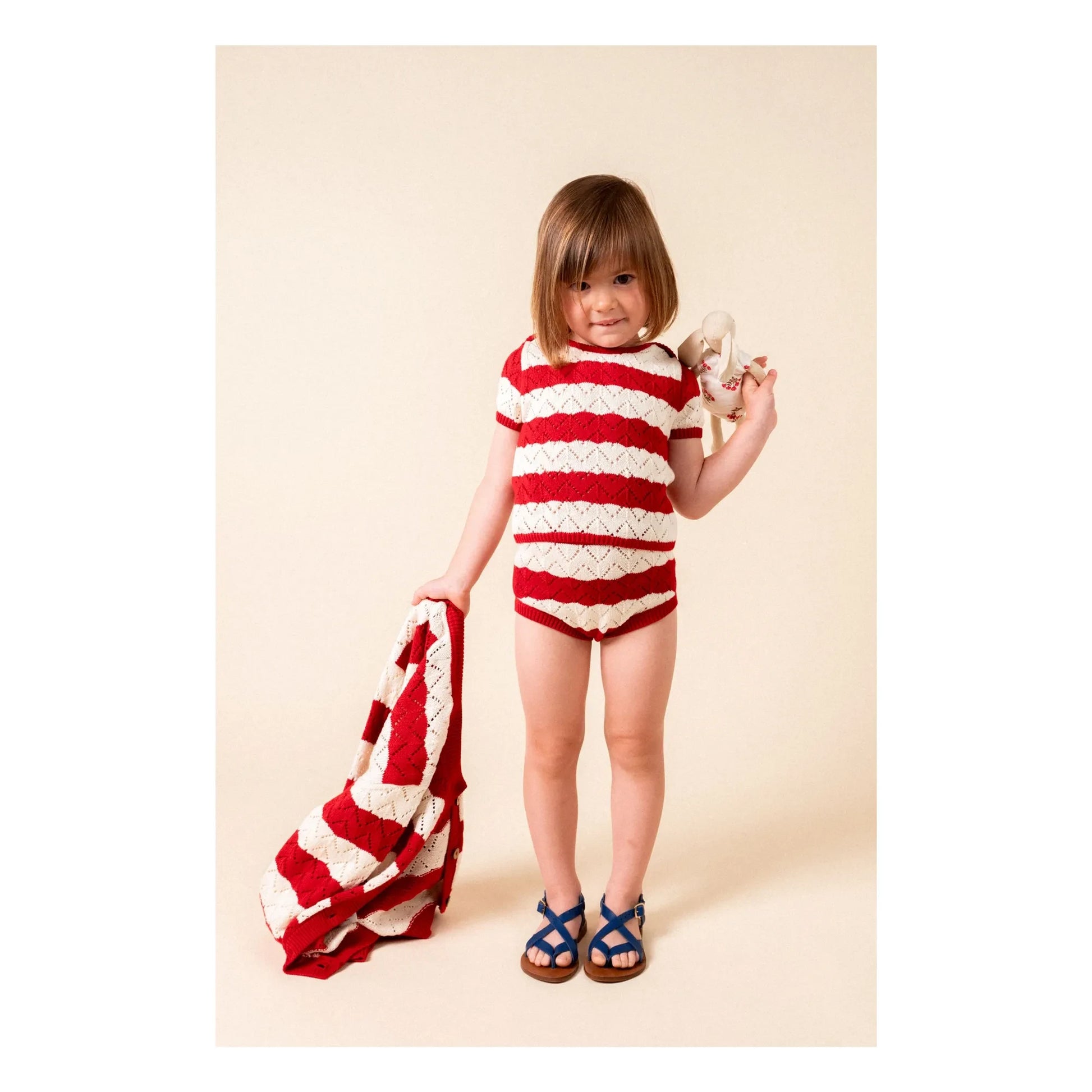 birinit - Pointelle Chili Striped T-shirt | Red