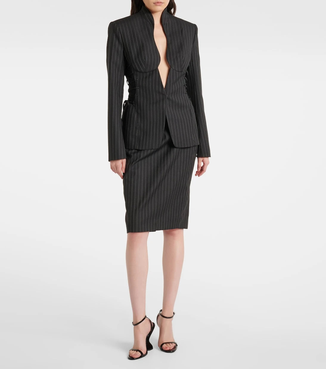 Mugler - Çizgili yün karışımı midi etek