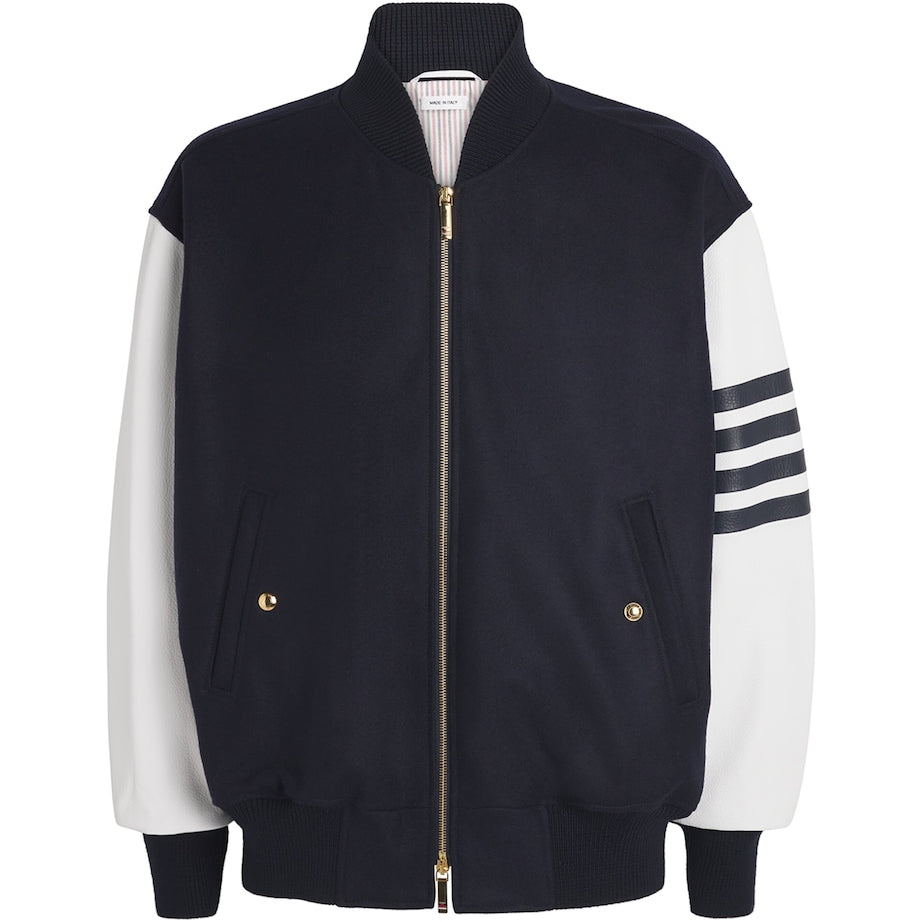 Thom Browne Navy Wool-Leather 4-Bar Oversized Bomber Jacket