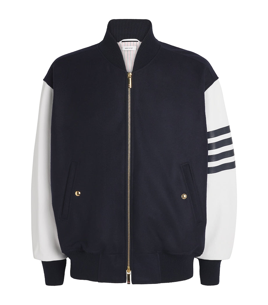 Thom Browne Navy Wool-Leather 4-Bar Oversized Bomber Jacket