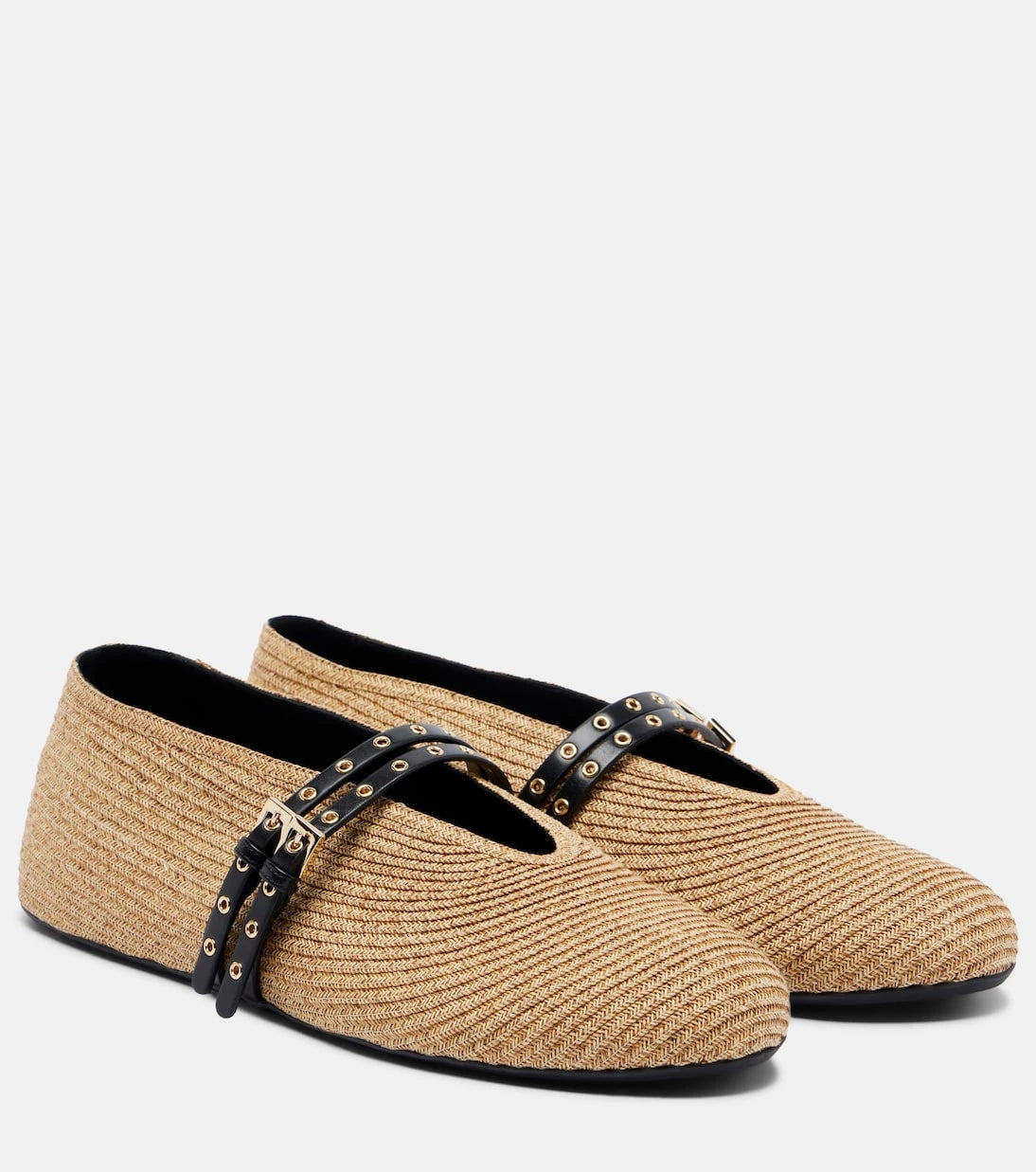 Alaïa - Paperstraw leather-trimmed Mary Jane flats
