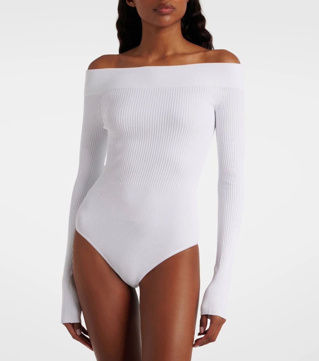Alaïa - Ribbed-knit off-shoulder bodysuit