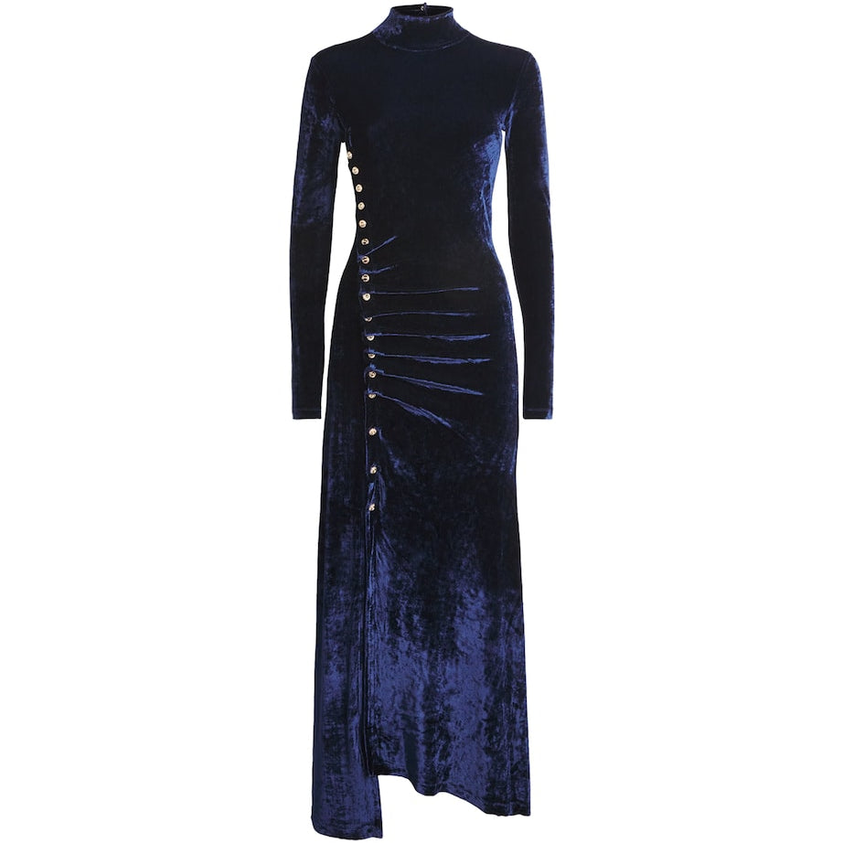 Paco Rabanne Navy Velvet Asymmetric Midi Dress