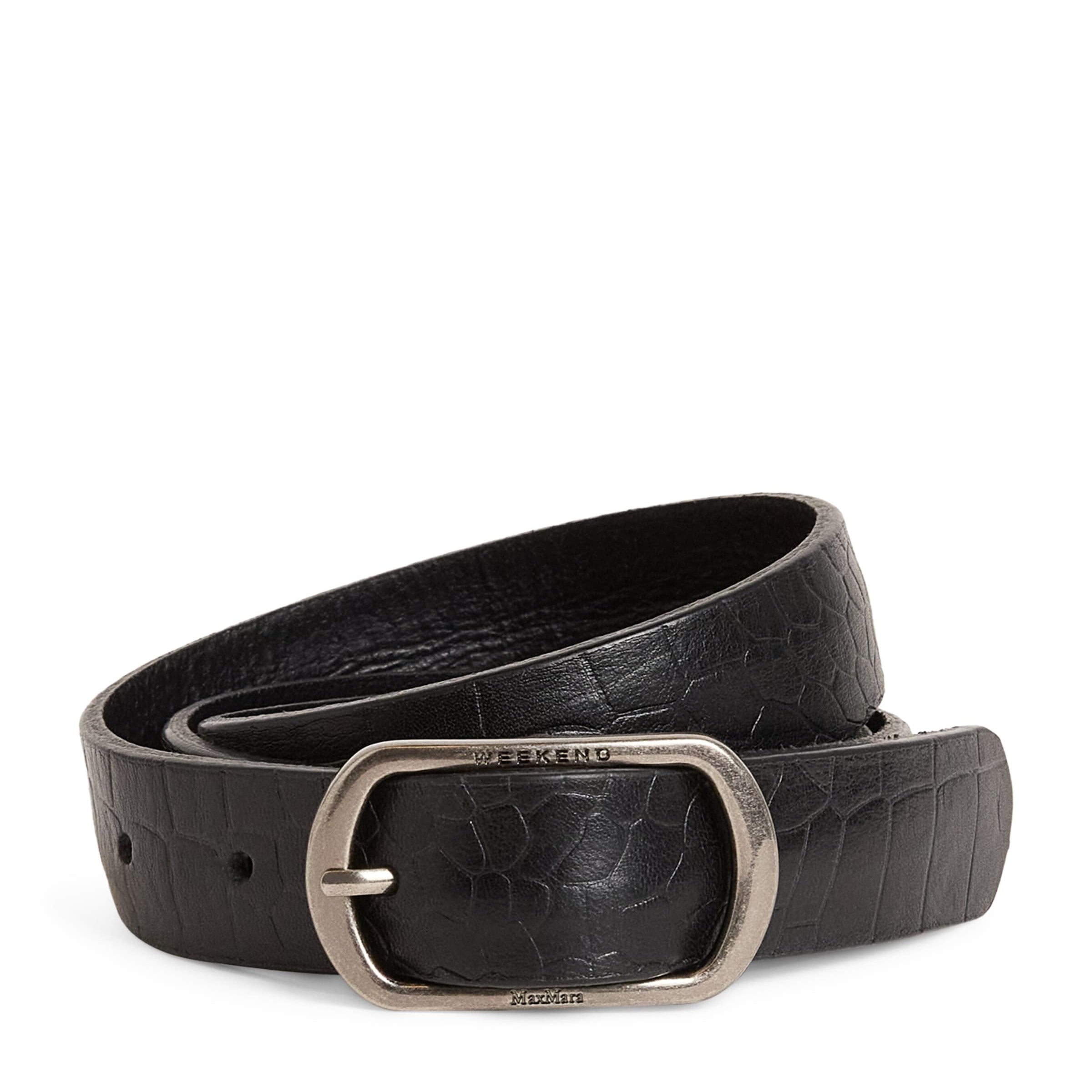Black Crocodile-Embossed Leather Belt
