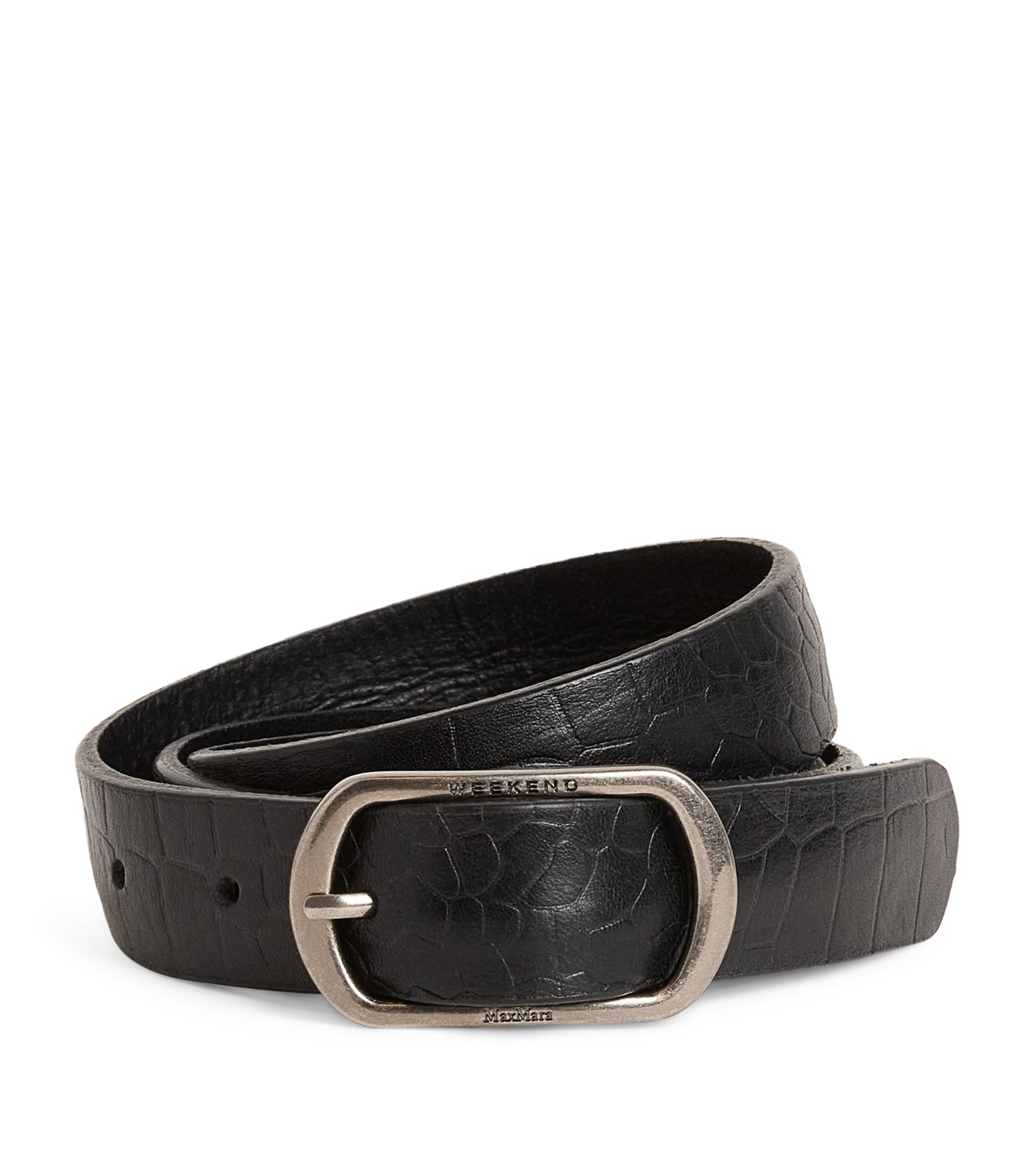 Black Crocodile-Embossed Leather Belt