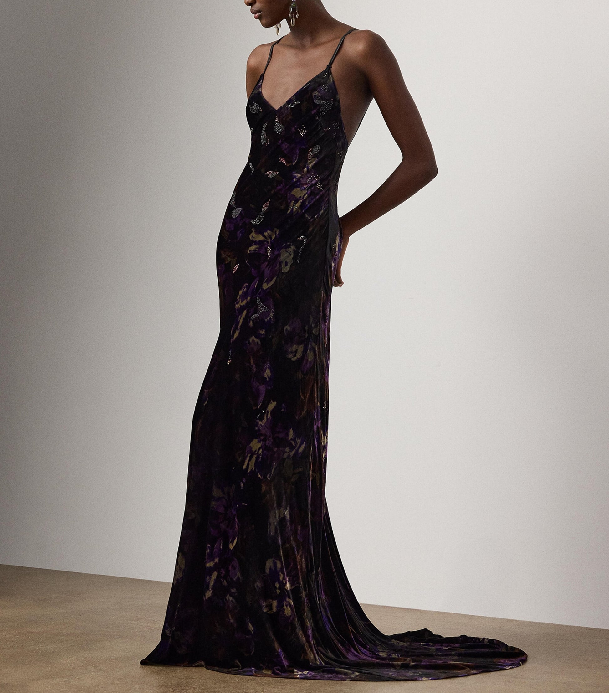 Ralph Lauren Collection Black Velvet Embellished Floral Evening Dress