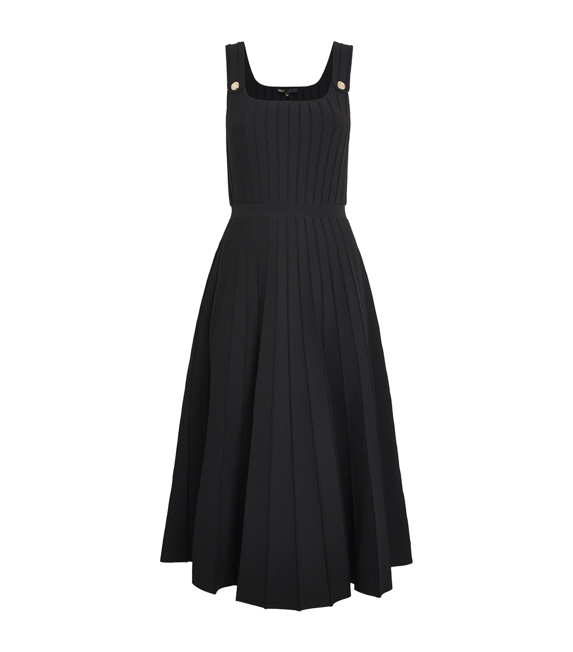 Maje Black Pleated Knit Midi Dress