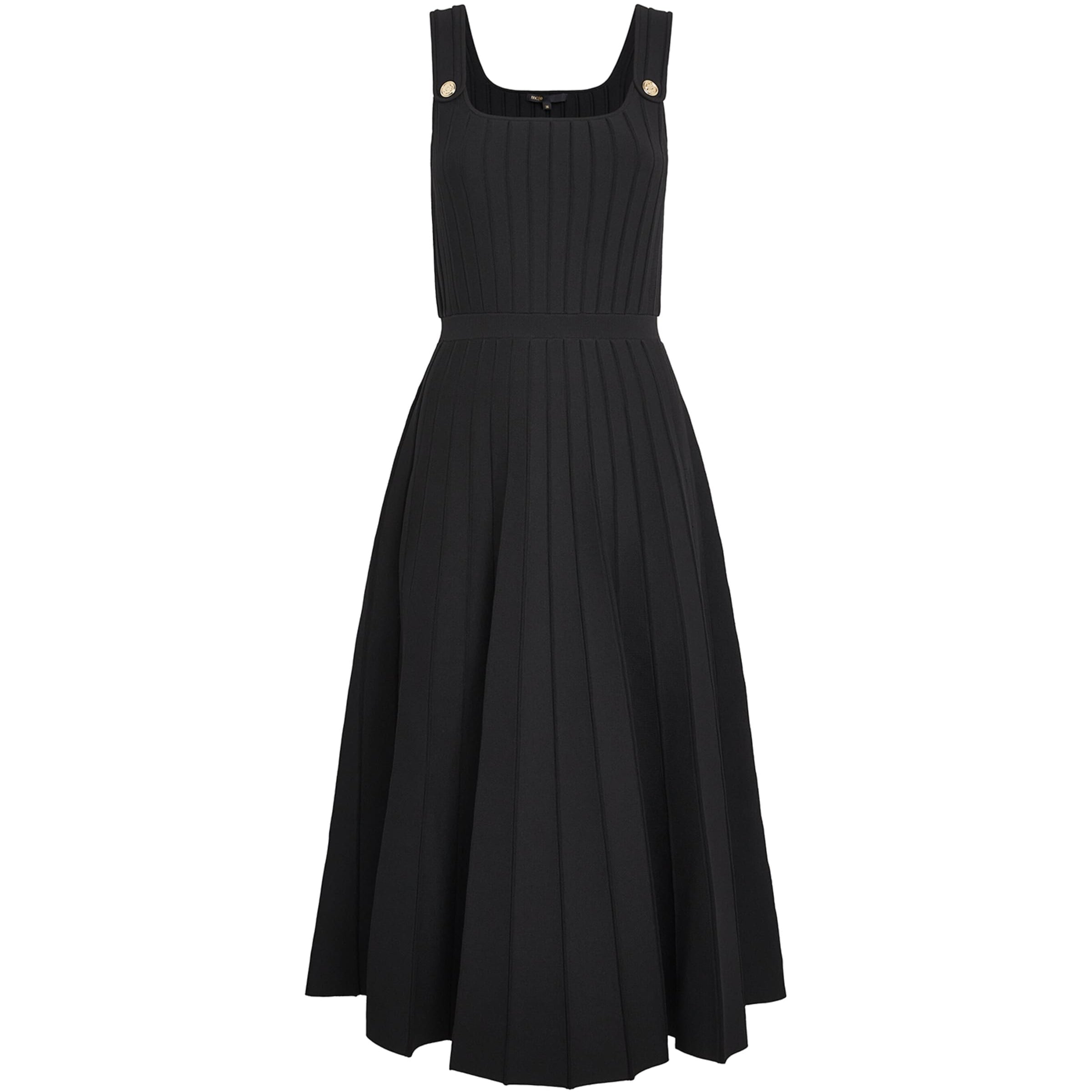 Maje Black Pleated Knit Midi Dress