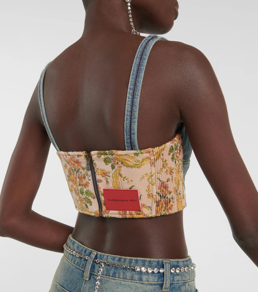 Alessandra Rich - Floral cropped denim bustier top