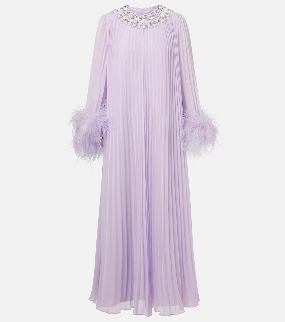 Self-Portrait - Feather-trimmed plissé chiffon maxi dress