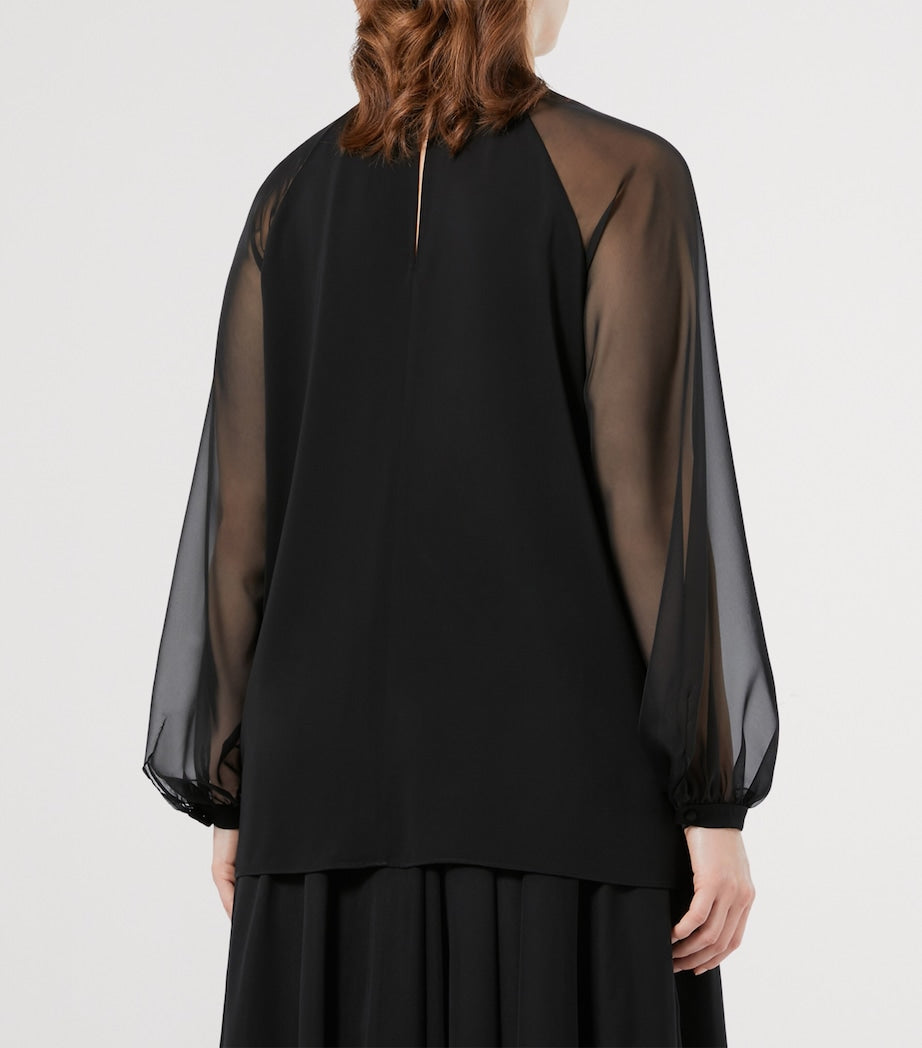 Marina Rinaldi Black Cady Chiffon-Sleeve Cambusa Blouse
