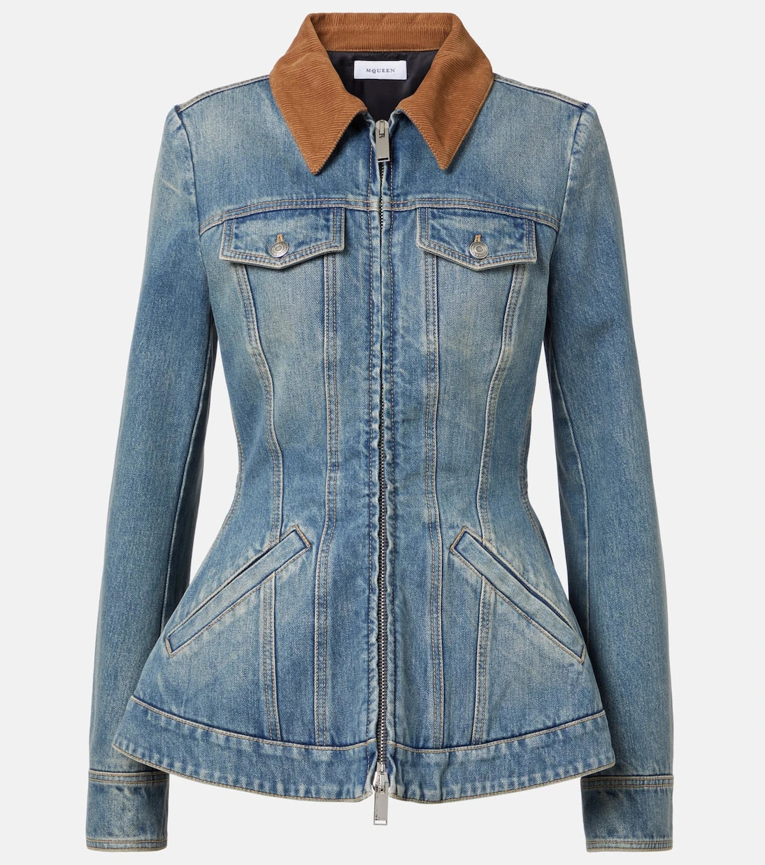 McQueen - Peplum corduroy-trimmed denim jacket