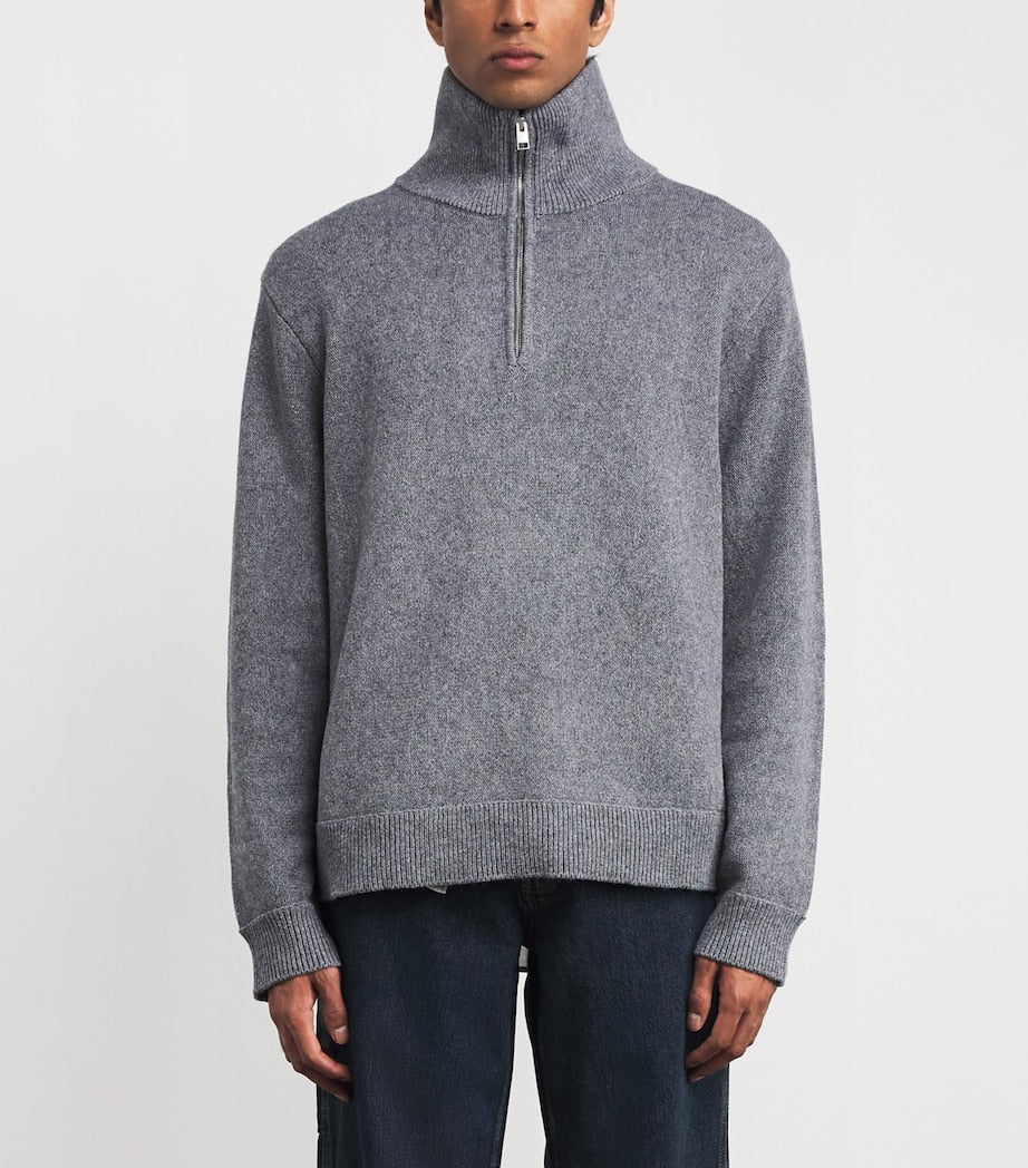 FRAME Grey Wool-Cotton Half-Zip Sweater