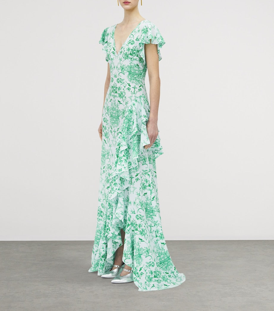 Blue Silk Sailor-Tattoo Ruffle Maxi Dress