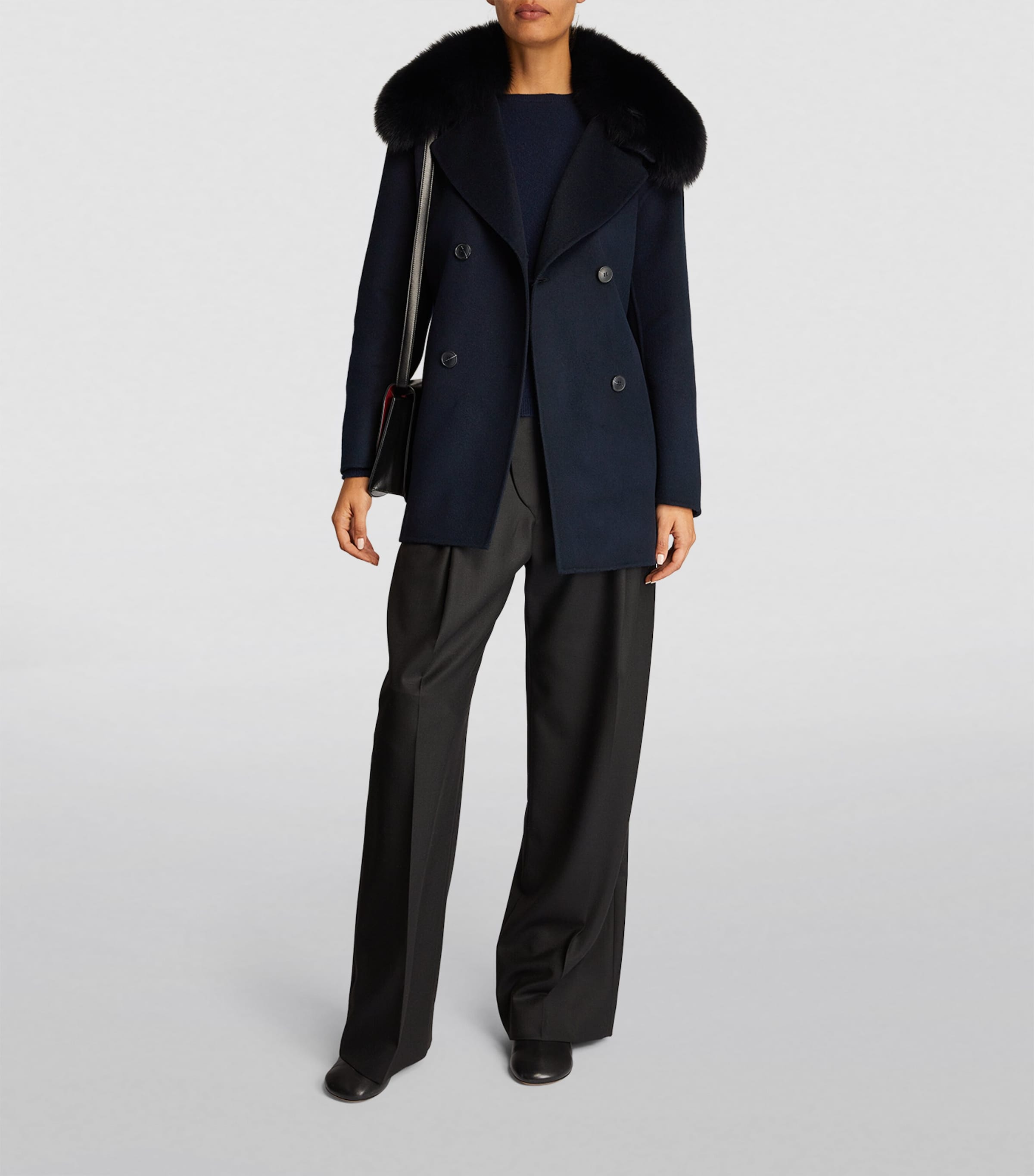 Yves Salomon Blue Wool-Cashmere Fur-Trim Coat
