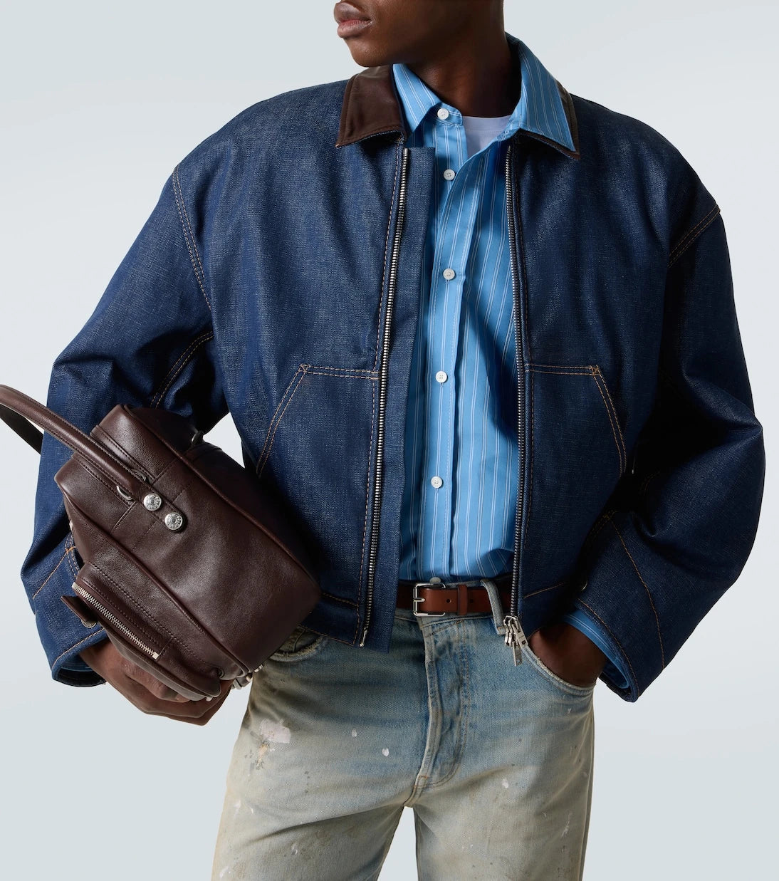 Acne Studios - جاكيت دينم بحواف جلدية