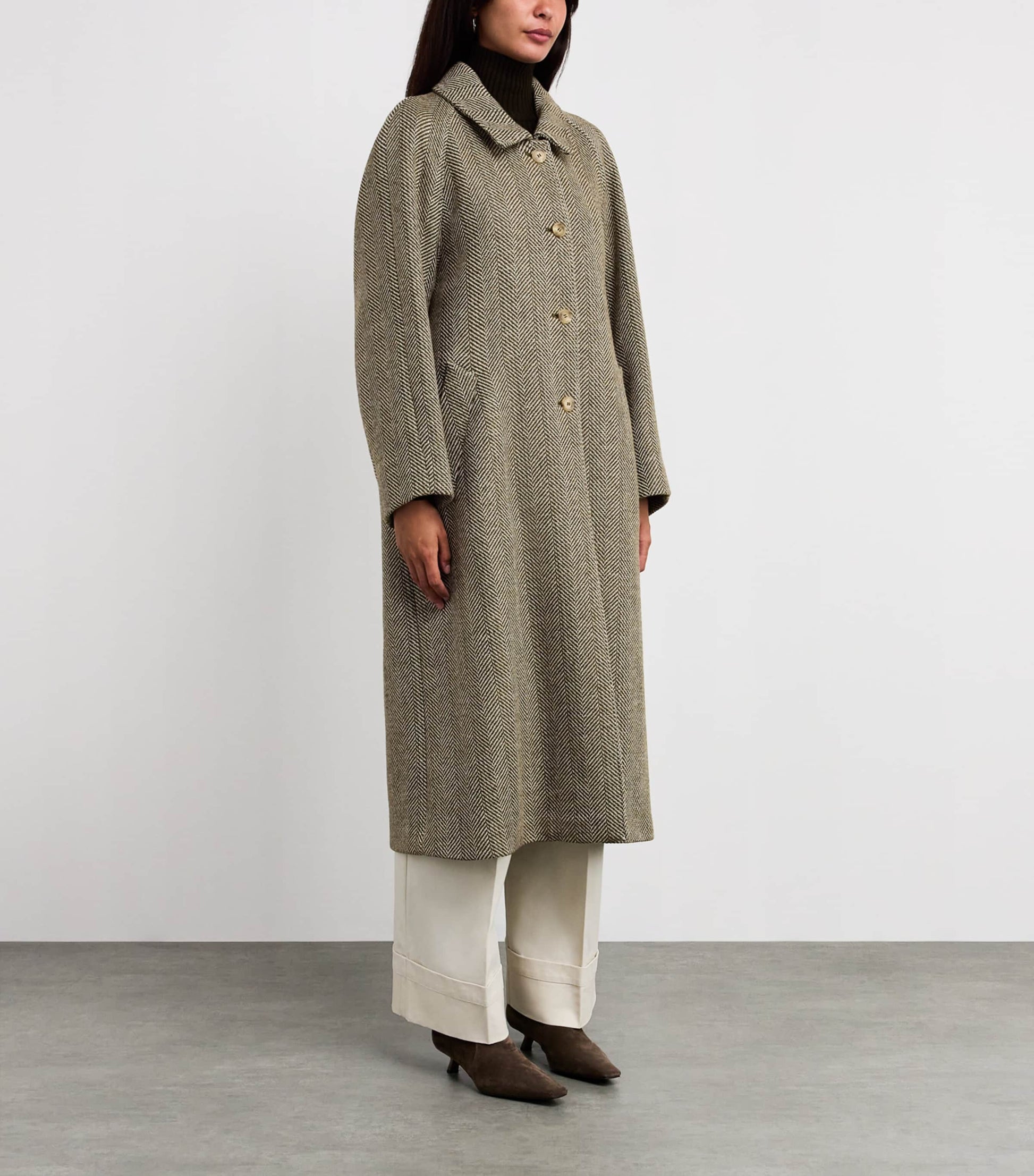 Green Wool-Blend Herringbone Coat