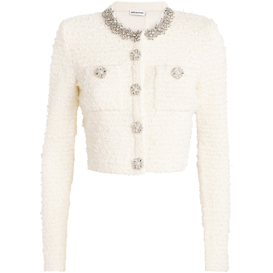 Self-Portrait Ivory Bouclé Embellished Cardigan