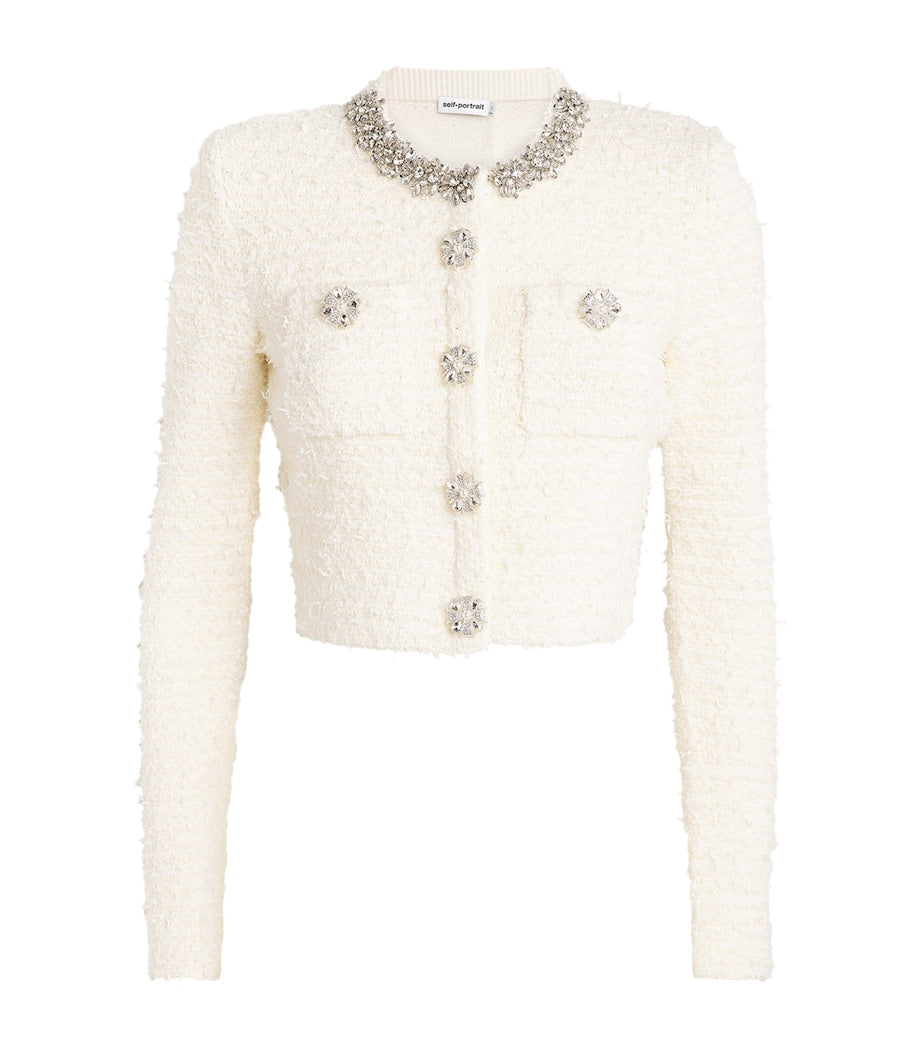 Self-Portrait Ivory Bouclé Embellished Cardigan