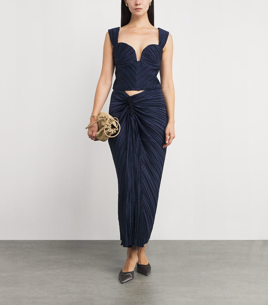 Cult Gaia Blue Plissé Satin Sonoma Midi Skirt