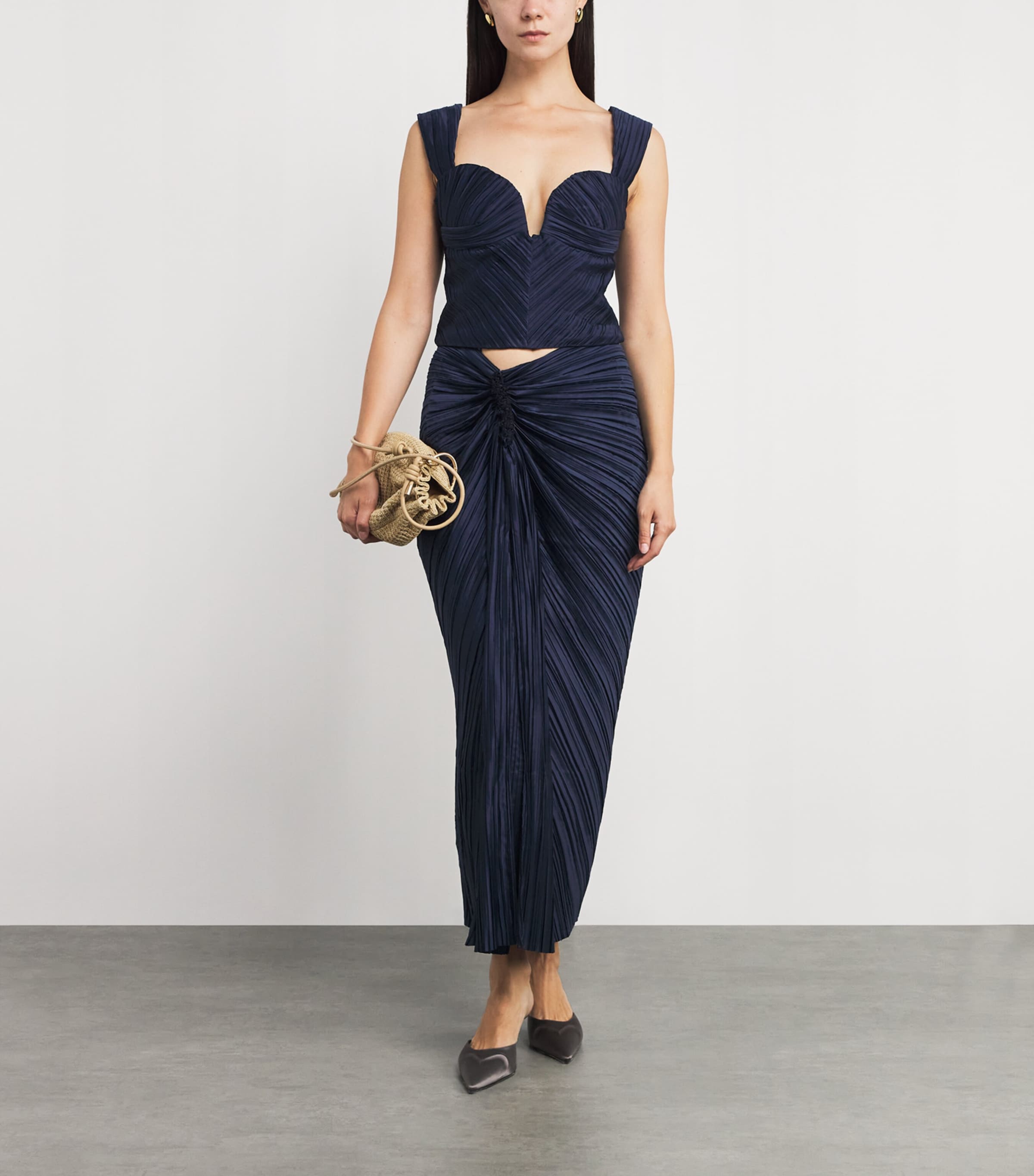 Cult Gaia Blue Plissé Satin Sonoma Midi Skirt