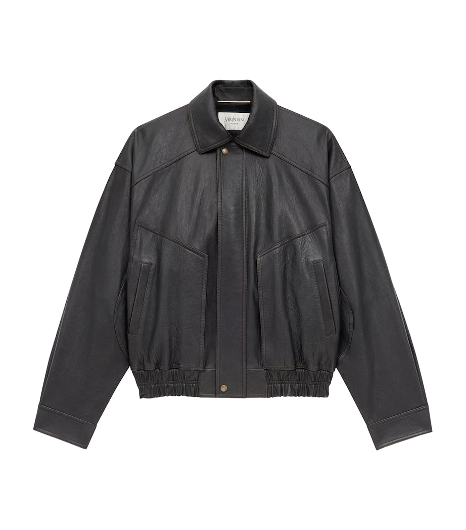 Saint Laurent Grey Leather Bomber Jacket