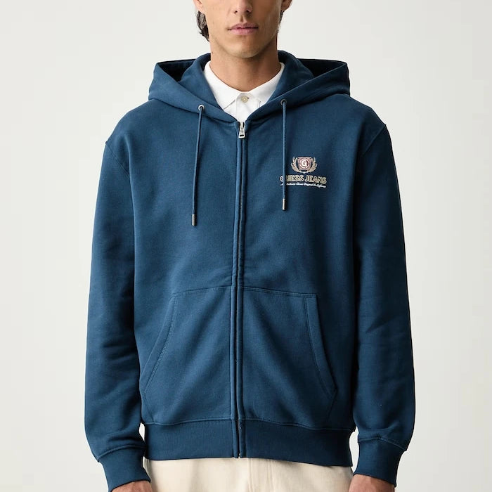 Guess Jeans pamuklu fermuarlı kapüşonlu erkek sweatshirt