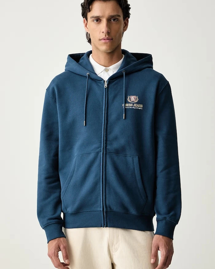 Guess Jeans pamuklu fermuarlı kapüşonlu erkek sweatshirt