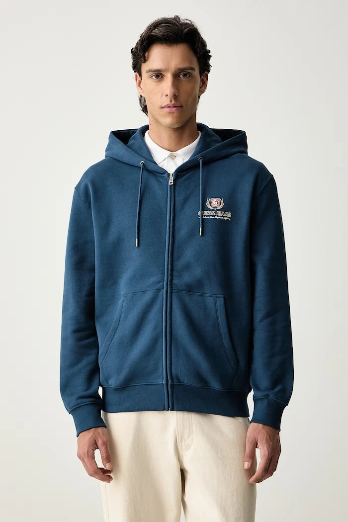 Guess Jeans pamuklu fermuarlı kapüşonlu erkek sweatshirt