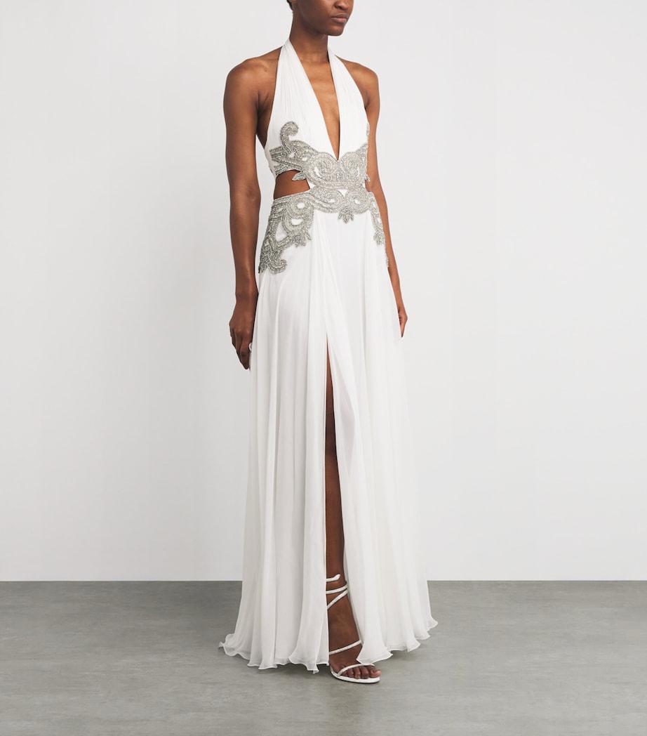 Zuhair Murad White Silk Chiffon Embellished Gown