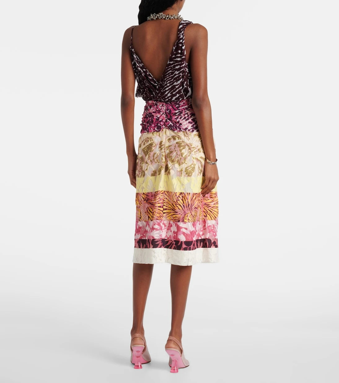 Dries Van Noten - Colorblocked gathered midi skirt