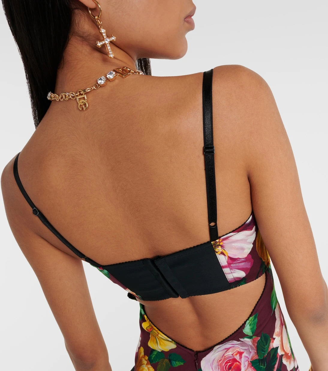 Dolce&Gabbana - فستان متوسط الطول بتصميم حمالة صدر مزين بالزهور من مزيج الحرير