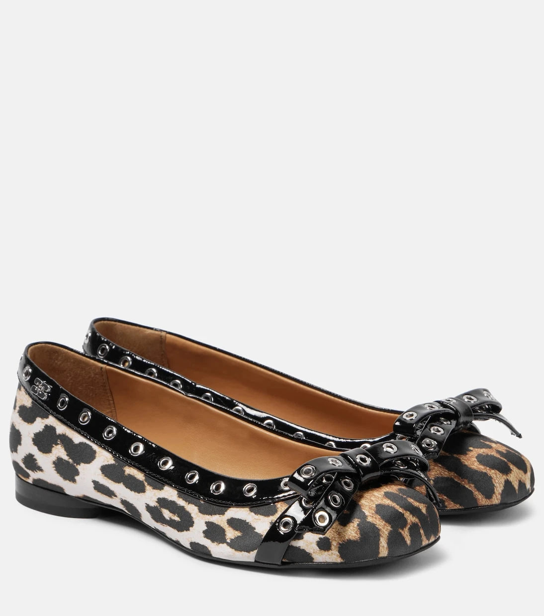 Ganni - Eyelet Bow leopard-print satin ballet flats