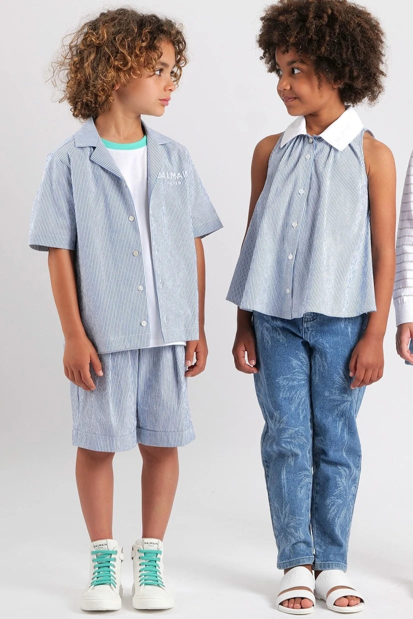 Balmain Kids - Logo pinstripe cotton-blend shirt