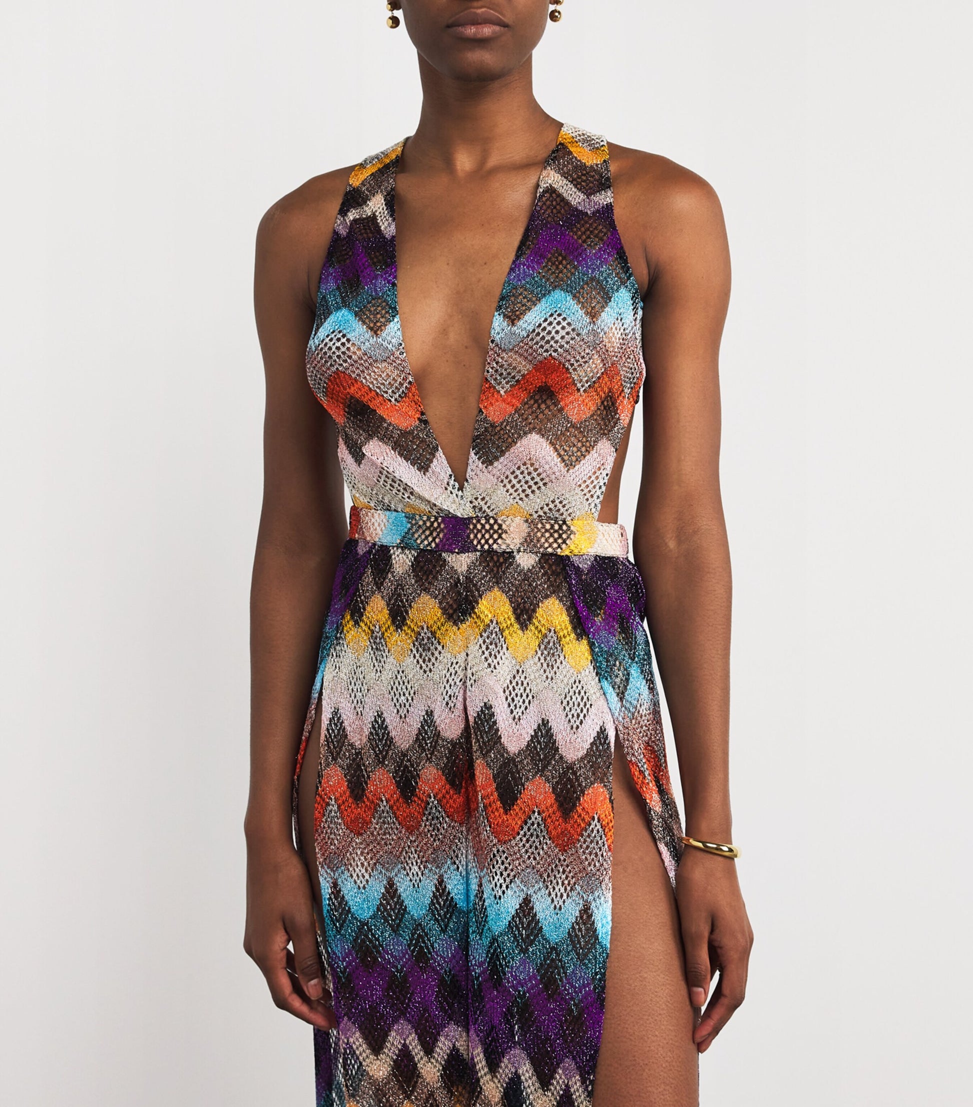 Multi Zigzag Plunge-Neck Jumpsuit