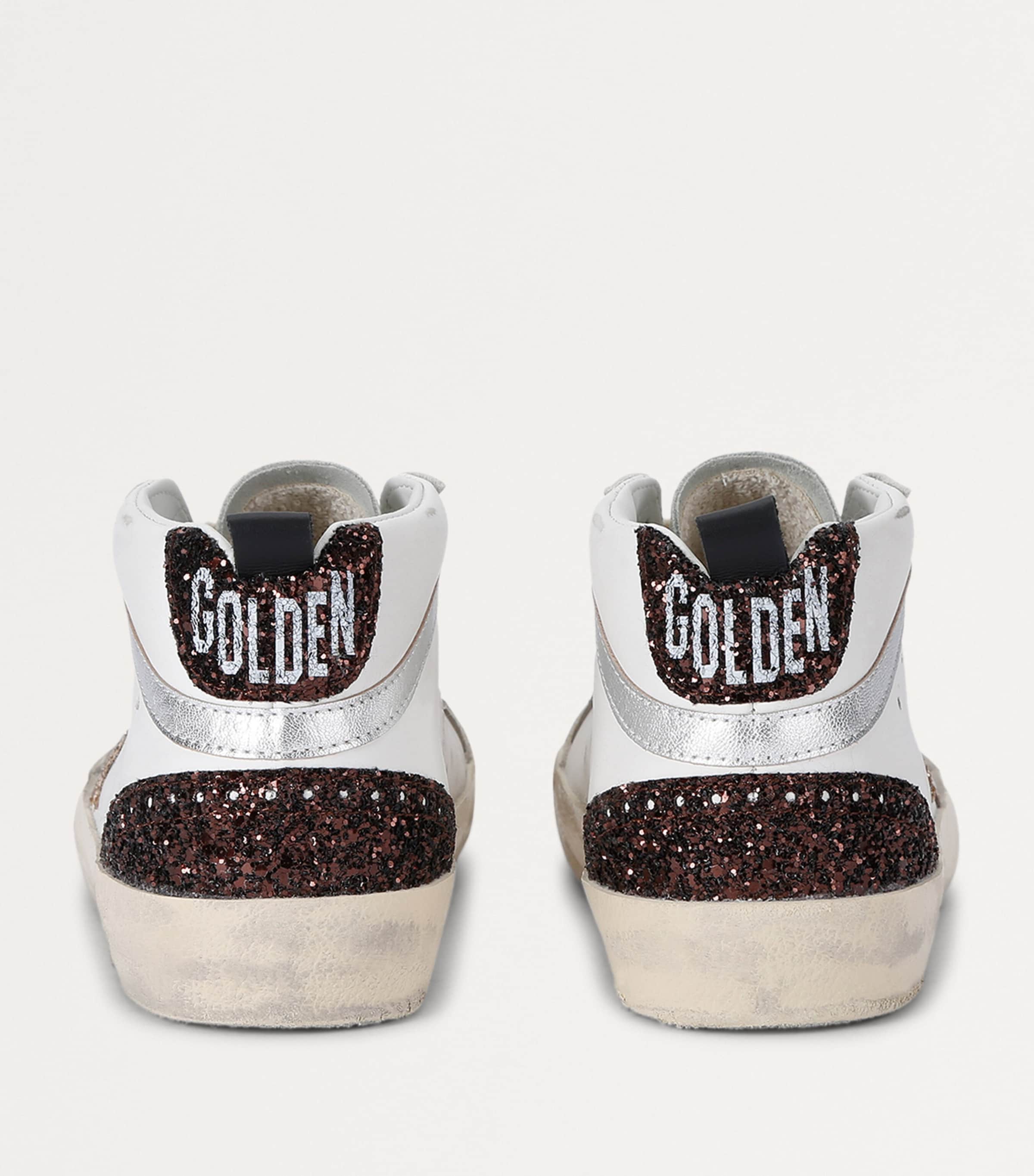 White Leather-Glitter Mid Star Sneakers
